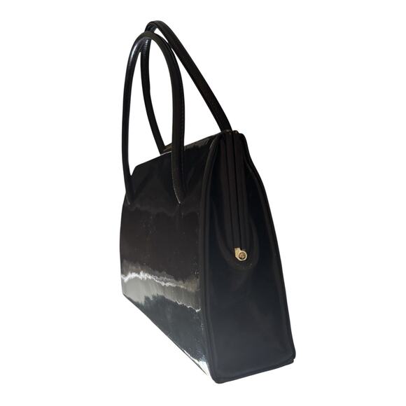 Waldybag Classic Dainty Dark Chestnut Brown Patent Leather Top Handles Bag 1950s - Picture 6 of 13